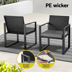 Gardeon Outdoor Bistro Set | 3PCS | Wicker Chairs + Table | With Cushions | Black
