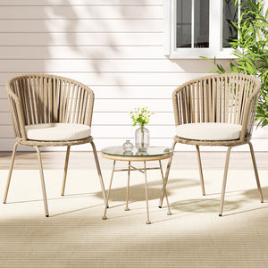 3PC Outdoor Bistro Set | Patio Furniture | Rope Setting Chairs Table | Beige
