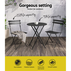 3PC Outdoor Bistro Set | Steel Table and Chairs | Patio Furniture | Black