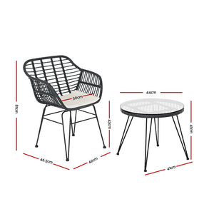 3PC Outdoor Furniture Bistro Set | Lounge Setting | Table Chairs | Cushion Patio | Grey