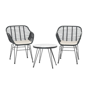3PC Outdoor Furniture Bistro Set | Lounge Setting | Table Chairs | Cushion Patio | Grey