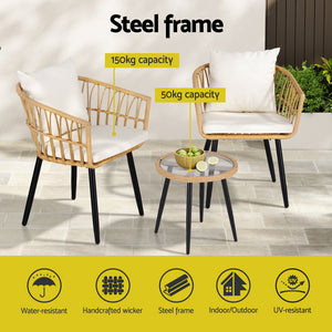 Outdoor Bistro Set 3pc | Table + 2 Chairs | Patio Lounge Setting | Natural