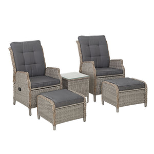 5PC Recliner Chairs Table | Sun Lounge | Wicker Outdoor Furniture | Adjustable | Grey