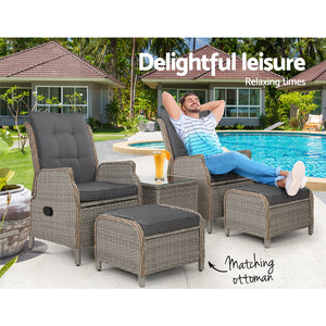 5PC Recliner Chairs Table | Sun Lounge | Wicker Outdoor Furniture | Adjustable | Grey