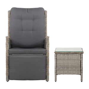 3PC Recliner Chairs Table | Sun Lounge | Outdoor Furniture | Wicker Adjustable | Grey