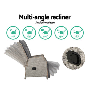 3PC Recliner Chairs Table | Sun Lounge | Outdoor Furniture | Wicker Adjustable | Grey