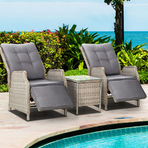 3PC Recliner Chairs Table | Sun Lounge | Outdoor Furniture | Wicker Adjustable | Grey