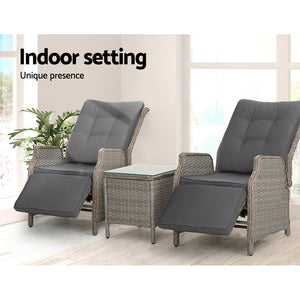3PC Recliner Chairs Table | Sun Lounge | Outdoor Furniture | Wicker Adjustable | Grey