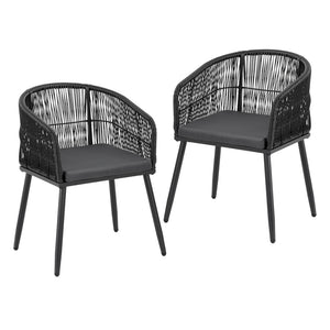 Outdoor Dining Chairs Set 2pc | Wicker Seat | Steel Frame | Black