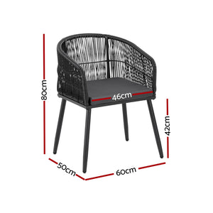 Outdoor Dining Chairs Set 2pc | Wicker Seat | Steel Frame | Black