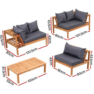 Outdoor Wooden Sofa Set | 5 Seater | Built-In Side Table | 4 Piece Set