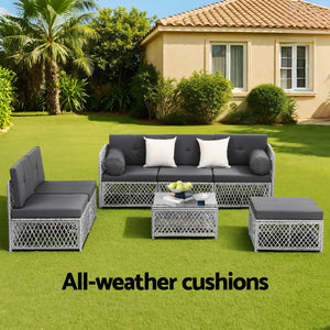 Outdoor Rattan Sofa Set 6 Seater | 7pc Table & Chairs | Patio Furniture