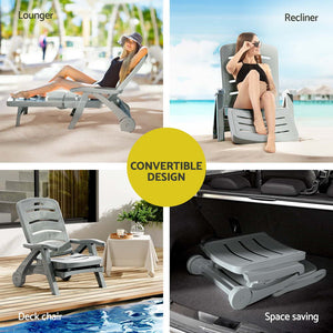 Sun Lounger | Folding Lounge Chair | Wheels | Patio Outdoor Furniture | Grey