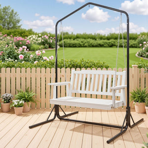 Wooden Outdoor Swing Chair | 2 Seater White Hanging Seat with Black Stand