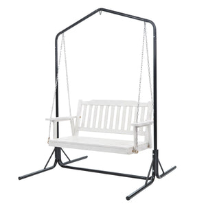 Gardeon Wooden 2-Seater Outdoor Swing Chair with Black Stand White Hanging Chair