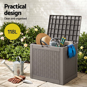 Outdoor Storage Box | 118L Lockable Rattan Look Container | Brown