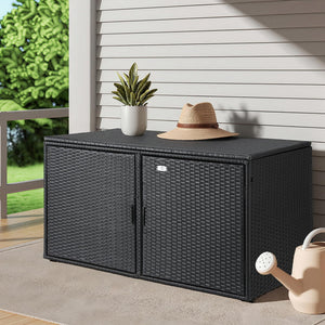 Outdoor Storage Cabinet Box | Wicker Deck Chest with Shelf | Black Garden Furniture
