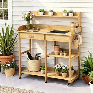 Outdoor Potting Bench | Garden Workstation with Storage Cabinet | Natural