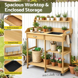Outdoor Potting Bench | Garden Workstation with Storage Cabinet | Natural
