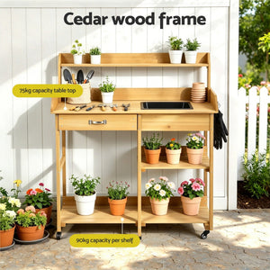 Outdoor Potting Bench | Garden Workstation with Storage Cabinet | Natural