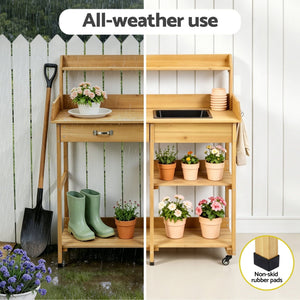 Outdoor Potting Bench | Garden Workstation with Storage Cabinet | Natural