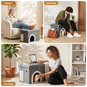 Storage Ottoman | Foldable Cat Litter Box Enclosure | Grey