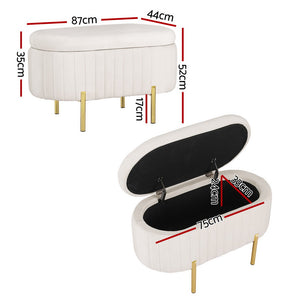 Artiss Storage Ottoman Blanket Box | 87cm | Velvet | Oval | White
