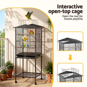 i.Pet 136cm Bird Cage Aviary Open Top Parrot Budgie Stand Wheels Black