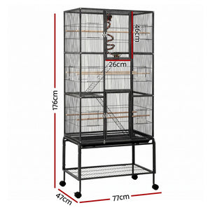 Bird Cage Aviary | 176cm 3-Tier Large Parrot & Budgie Cage | Black