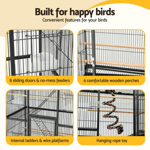 i.Pet 176cm 3-Tier Large Bird Cage Aviary with Ladder Parrot Budgie Wheels Black