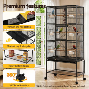 Bird Cage Aviary | 176cm 3-Tier Large Parrot & Budgie Cage | Black
