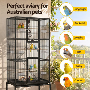 Bird Cage Aviary | 176cm 3-Tier Large Parrot & Budgie Cage | Black
