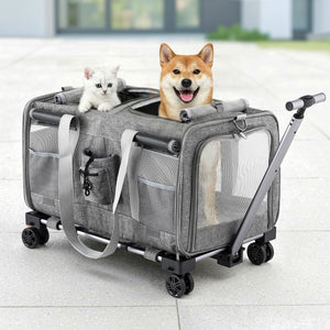 Pet Trolley Carrier | Swivel Wheels | Foldable Travel Stroller Bag | Grey