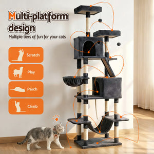 Cat Tree Tower 206cm | Large Scratching Post | Multi Level | Grey