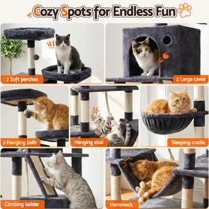 Cat Tree Tower 206cm | Large Scratching Post | Multi Level | Grey