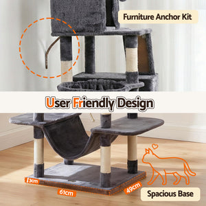 Cat Tree Tower 206cm | Large Scratching Post | Multi Level | Grey