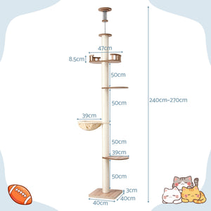 Floor-to-Ceiling Cat Tree | 270cm | Scratching Post Tower | Beige