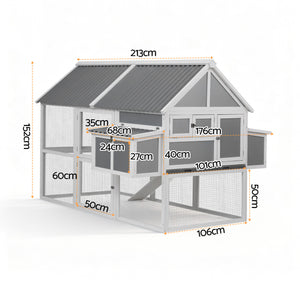 Large Chicken Coop | Outdoor Hutch | Run + Nesting Box | Grey/White