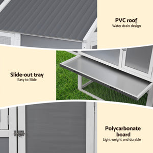 Large Chicken Coop | Outdoor Hutch | Run + Nesting Box | Grey/White
