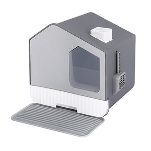 Cat Litter Box | Large Tray Kitty Toilet | Fully Enclosed House Hooded Scoop Mat Grey