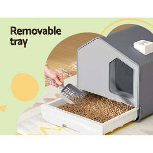 Cat Litter Box | Large Tray Kitty Toilet | Fully Enclosed House Hooded Scoop Mat Grey