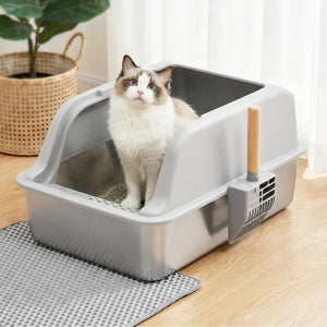 Cat Litter Box | Stainless Steel | Semi Enclosed | Large | Grey