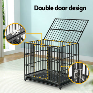 Dog Cage Crate | Large Puppy Cat Anti-Bite Pet Kennel | Wheels w/Tray Metal