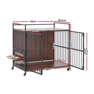 i.Pet 2-in-1 Wooden Dog Crate 99cm Pet Cage Furniture End Table Wheels Black