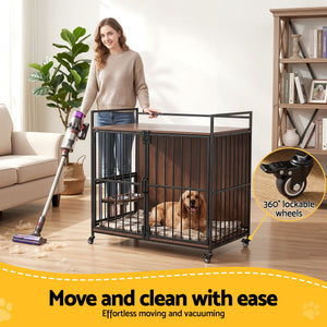 Wooden Dog Crate | 2-In-1 Pet Cage & End Table | 99cm | Black