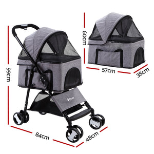 Pet Stroller Dog Pram | Cat Carrier Travel Large Pushchair Foldable 4 Wheels Grey