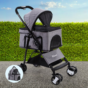 Pet Stroller Dog Pram | Cat Carrier Travel Large Pushchair Foldable 4 Wheels Grey