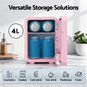 Skincare Mini Fridge | 4L | LED Mirror Door | Cooler & Warmer | 12V/220V | Pink