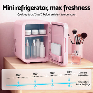 Skincare Mini Fridge | 4L | LED Mirror Door | Cooler & Warmer | 12V/220V | Pink
