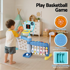 Keezi Sports Toy Set | Kids Basketball, Bowling, Baseball & Golf | Multi-Game Stand | Blue